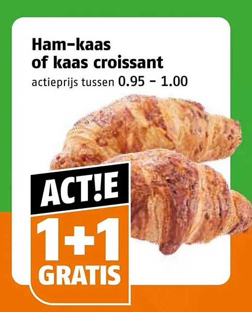 Ham-kaas of kaas croissant 1+1 gratis