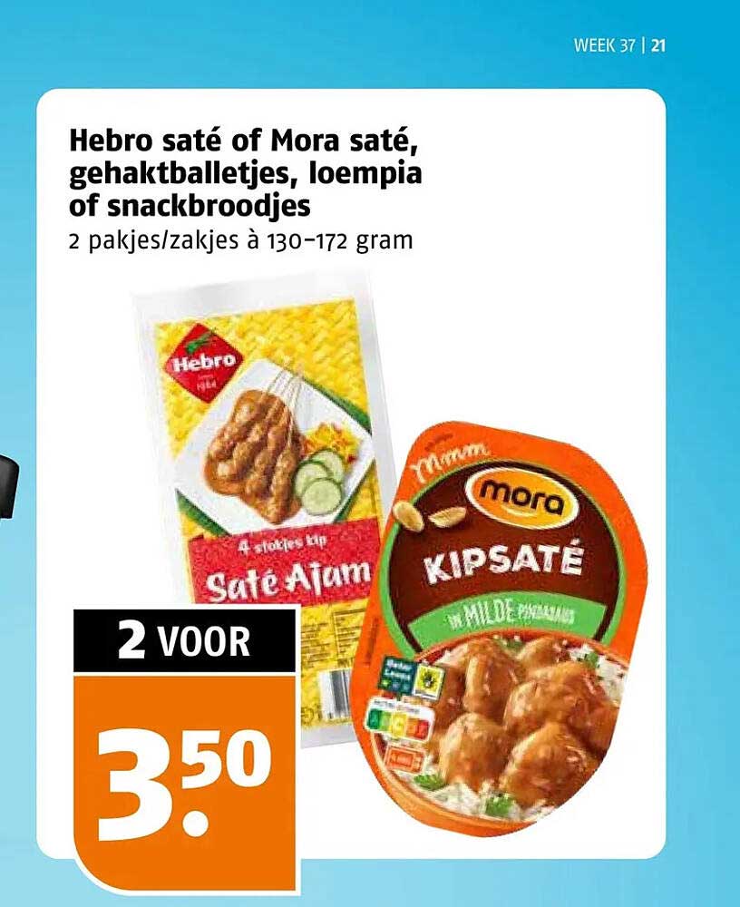 Hebro saté of Mora saté, gehaktballetjes, loempia of snackbroodjes