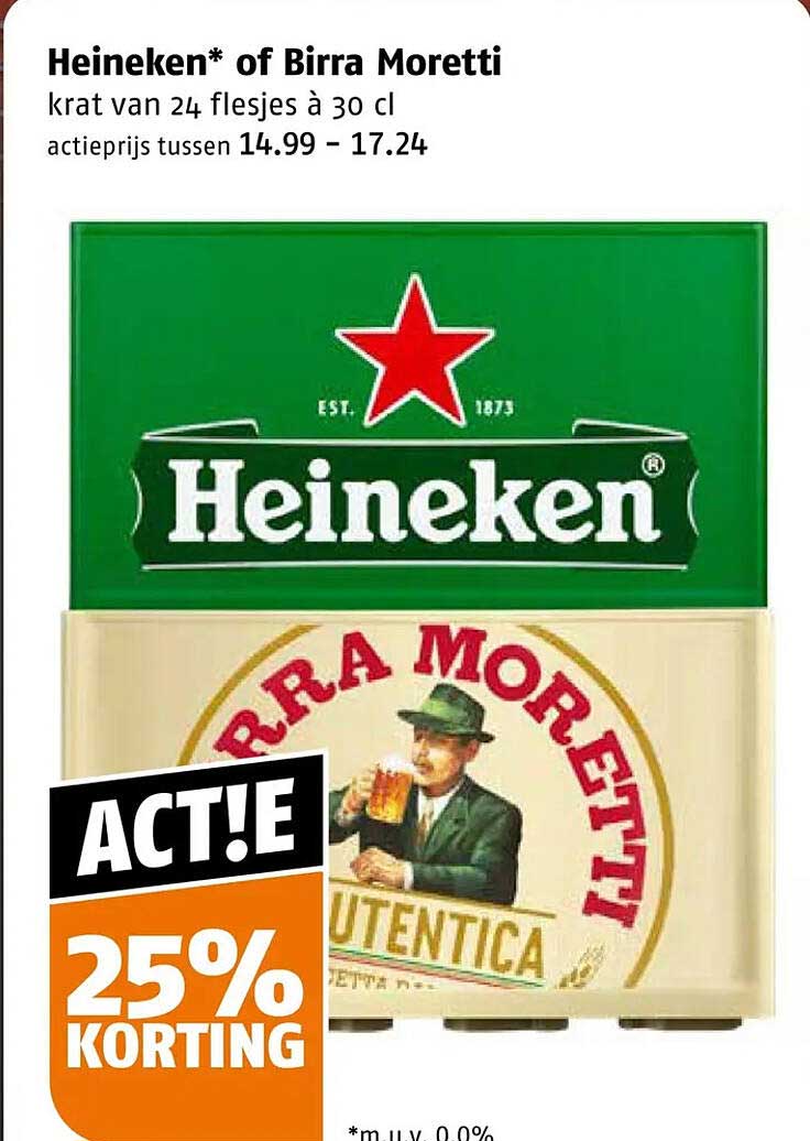 Heineken* of Birra Moretti krat van 24 flesjes à 30 cl 25% korting
