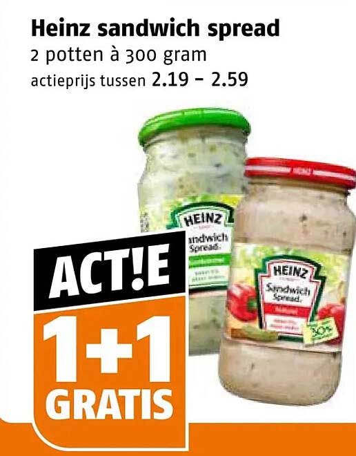 Heinz sandwich spread 2 potten à 300 gram ACT!E 1+1 GRATIS
