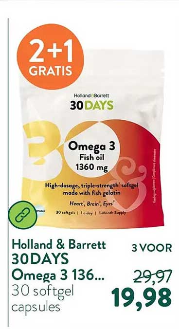 Holland & Barrett 30DAYS Omega 3 136... 30 softgel capsules 2+1 GRATIS
