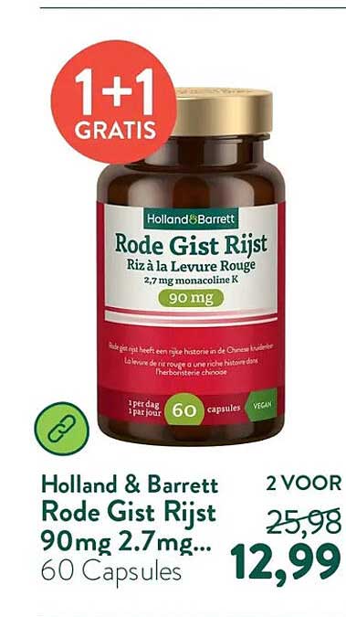 Holland & Barrett Rode Gist Rijst 90mg 2.7mg... 1+1 gratis