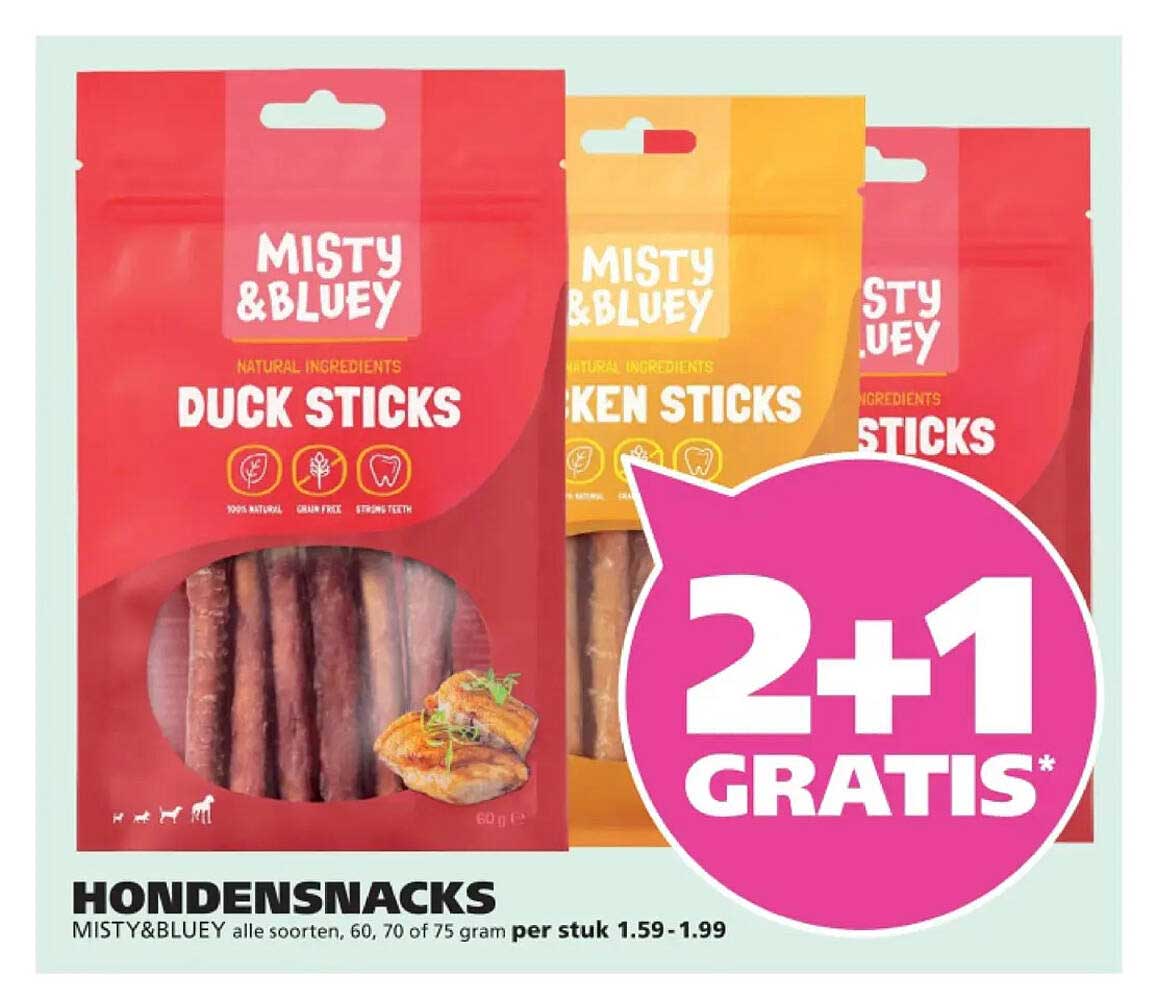 HONDENSNACKS MISTY&BLUEY alle soorten, 60, 70 of 75 gram per stuk 1.59 - 1.99 2+1 GRATIS*