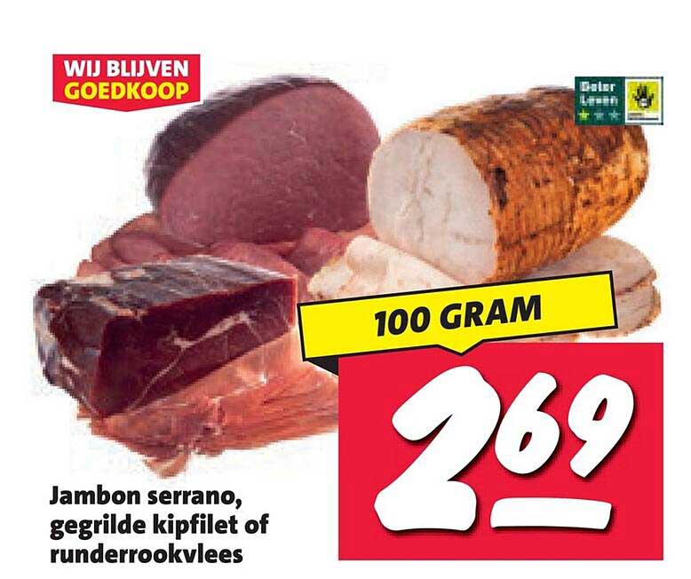 Jambon serrano, gegrilde kipfilet of runderrookvlees