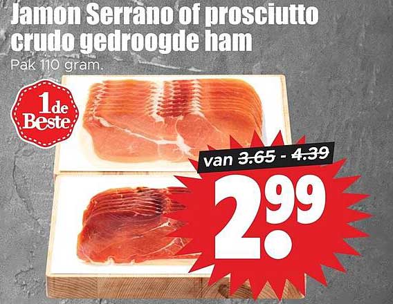 Jamon Serrano of prosciutto crudo gedroogde ham Pak 110 gram. 1 de Beste