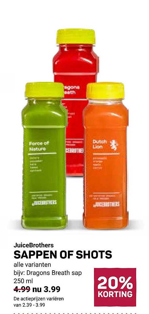 JuiceBrothers SAPPEN OF SHOTS alle varianten bijv: Dragons Breath sap 250 ml 20% KORTING