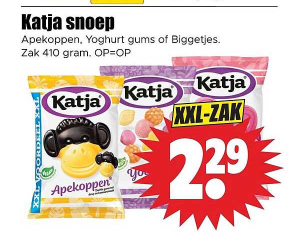 Katja snoep Apekoppen, Yoghurt gums of Biggetjes. Zak 410 gram. OP=OP XXL-ZAK