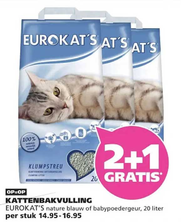 KATTENBAKVULLING EUROKAT'S nature blue of babypoedergeur, 20 liter 2+1 GRATIS