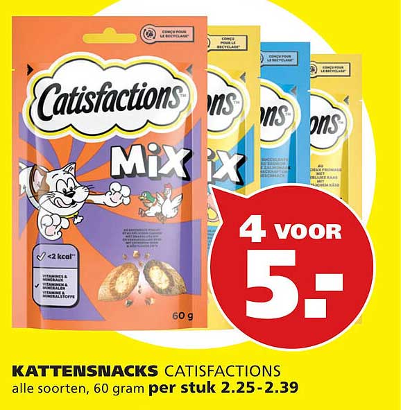 KATTENSNACKS CATISFACTIONS alle soorten, 60 gram per stuk 2.25-2.39 4 voor 5-