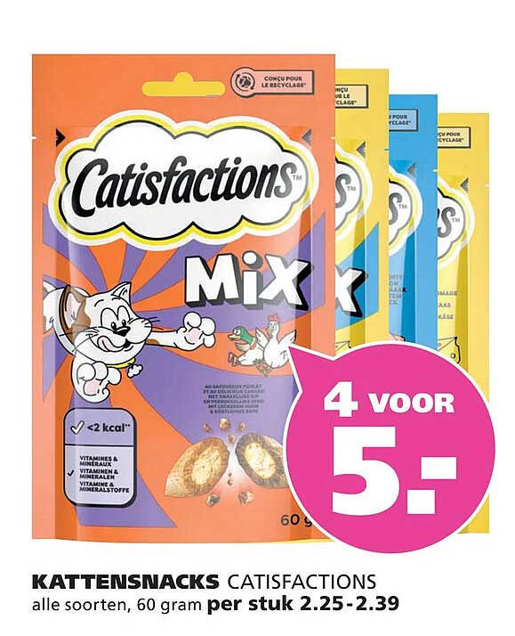 KATTENSNACKS CATISFACTIONS alle soorten, 60 gram per stuk 4 voor 5-