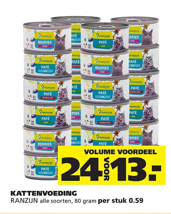 KATTENVOEDING RANZIJN alle soorten, 80 gram per stuk 0.59 VOLUME VOORDEEL 24 voor 13,-