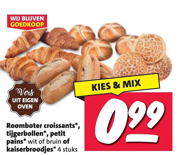 KIES & MIX Roomboter croissants*, tijgerbollen*, petit pains* wit of bruin of kaiserbroodjes* 4 stuks
