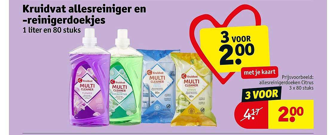 Kruidvat allesreiniger en -reinigerdoekjes 1 liter en 80 stuks 3 voor 2.00 met je kaart