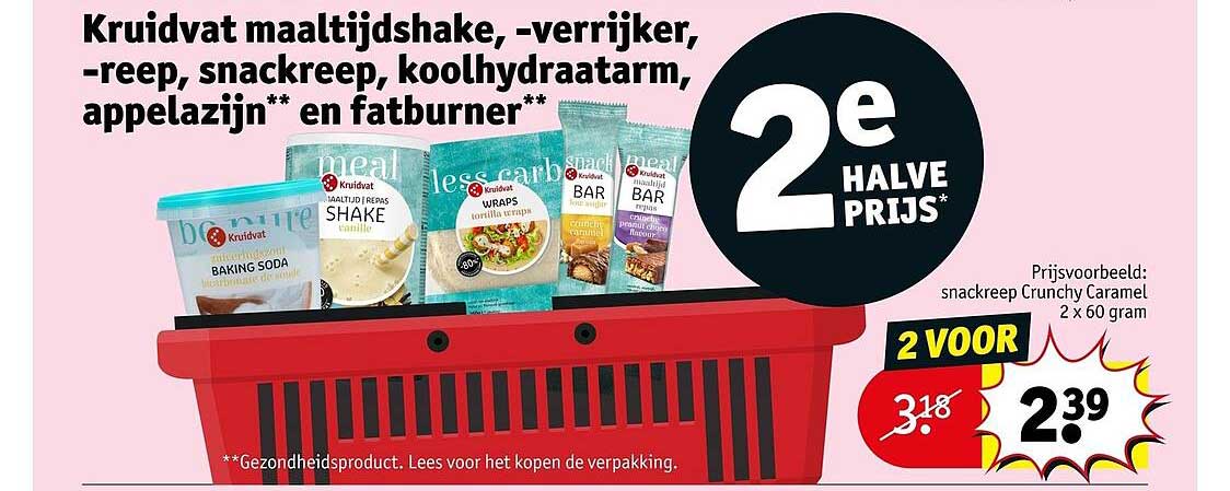 Kruidvat maaltijdshake, -verrijker, -reep, snackreep, koolhydraatarm, appelazijn** en fatburner** 2e halve prijs