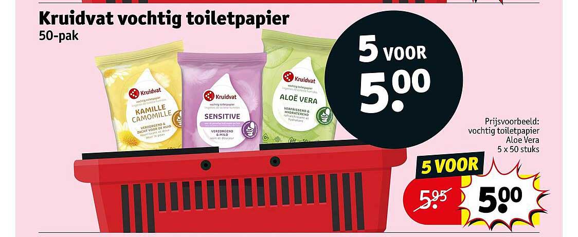 Kruidvat vochtig toiletpapier 50-pak 5 voor 5.00