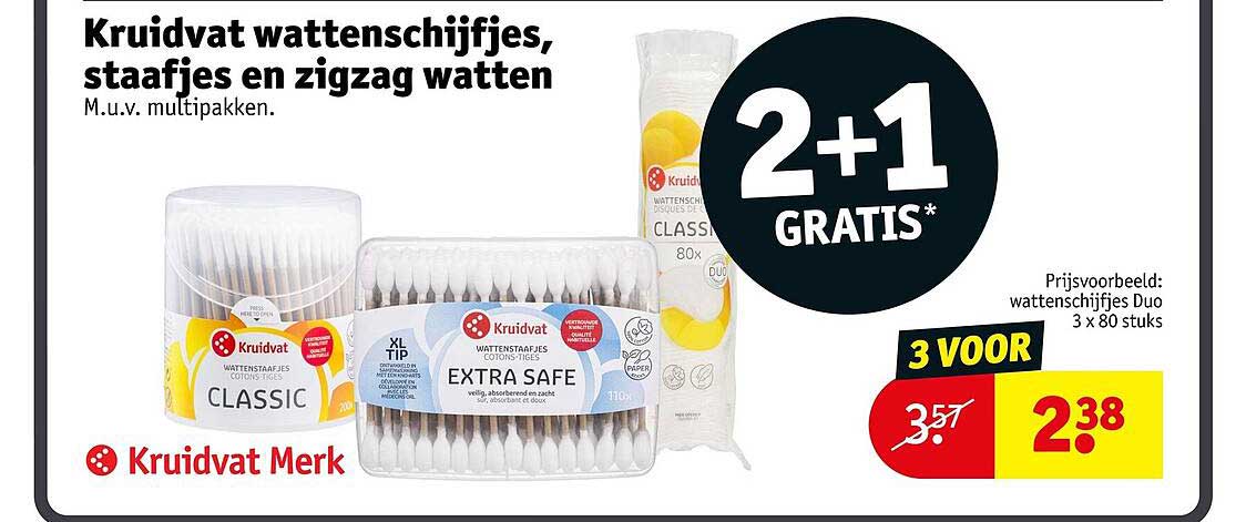 Kruidvat wattenschijfjes, staafjes en zigzag watten 2+1 gratis