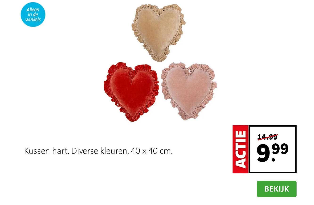 Kussen hart. Diverse kleuren, 40 x 40 cm.