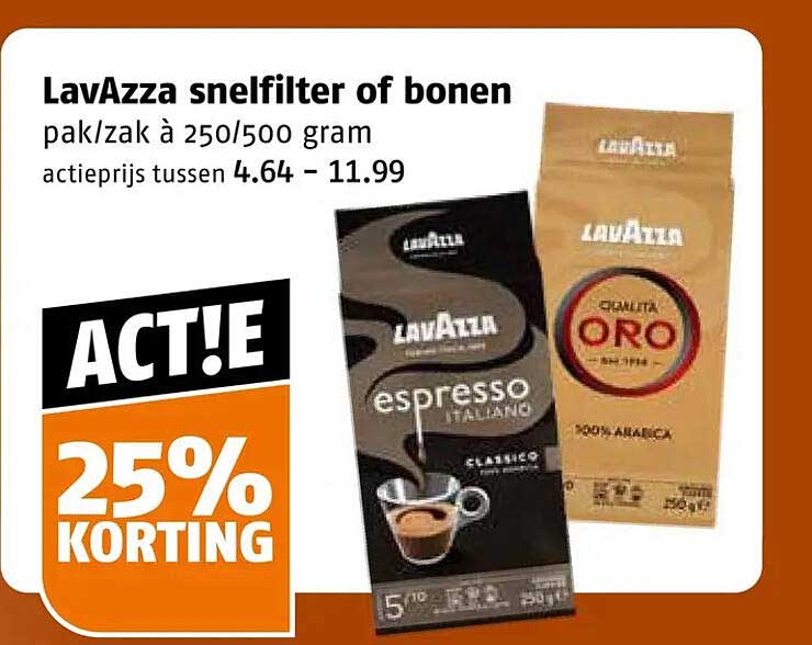 LavAzza snelfilter of bonen pak/zak à 250/500 gram 25% korting