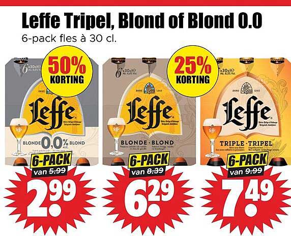 Leffe Tripel, Blond of Blond 0.0 6-pack fles à 30 cl. 50% KORTING
