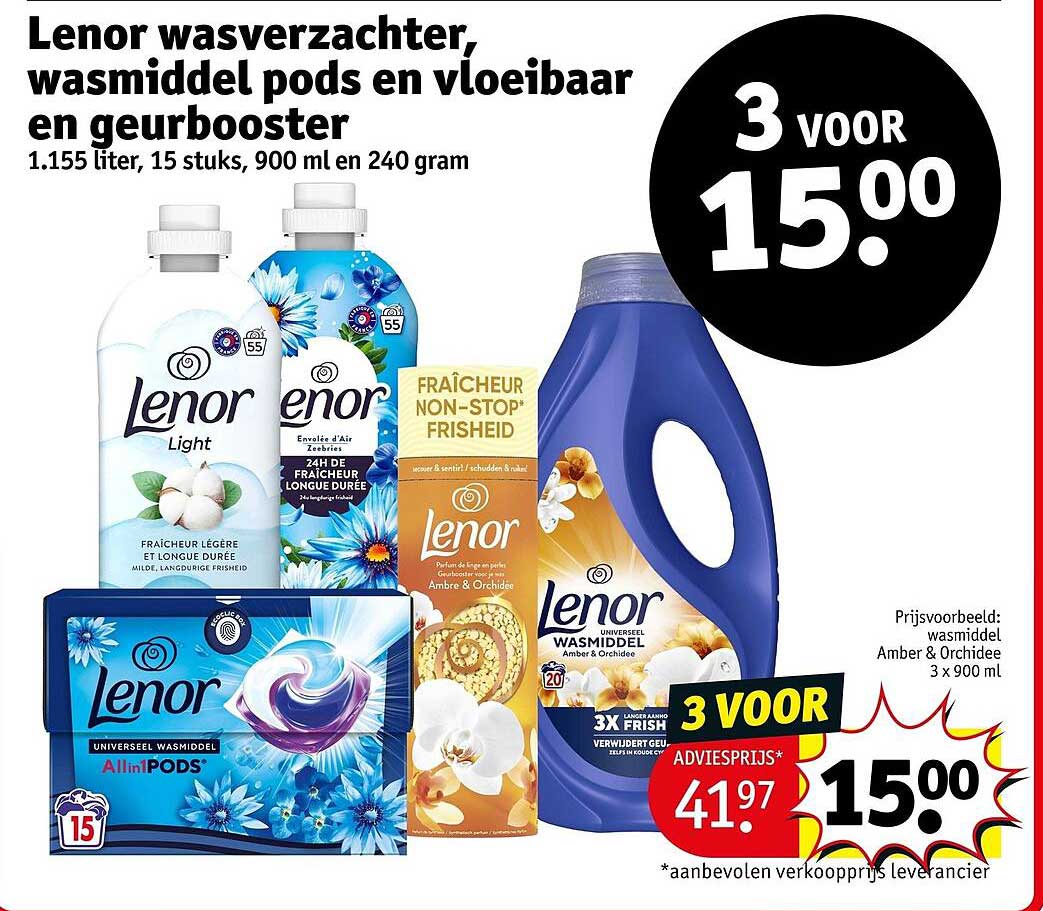 Lenor wasverzachter, wasmiddel pods en vloeibaar en geurbooster 3 voor 15.00