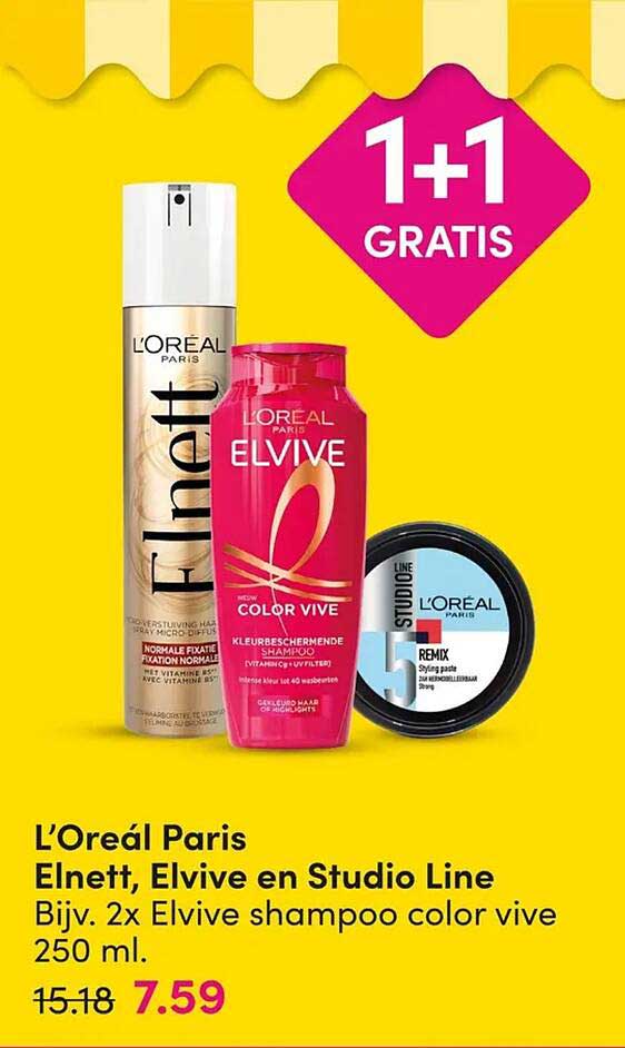 L'Oréal Paris Elnett, Elvive en Studio Line Bijv. 2x Elvive shampoo color vive 250 ml. 1+1 gratis