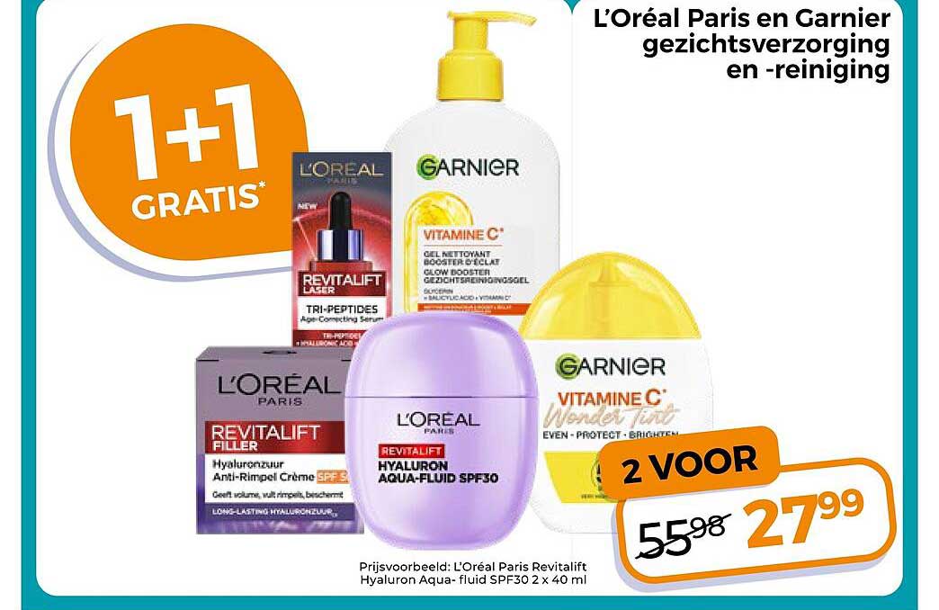 L'Oréal Paris en Garnier gezichtsverzorging en -reiniging 1+1 GRATIS