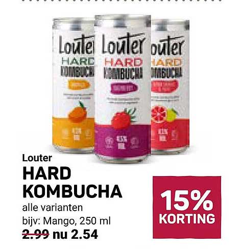 Louter HARD KOMBUCHA alle varianten bijv: Mango, 250 ml 15% KORTING