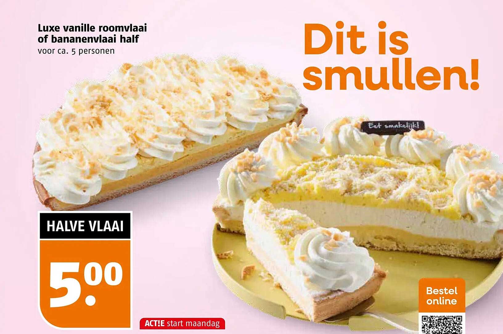 Luxe vanille roomvlaai of bananenvlaai half voor ca. 5 personen