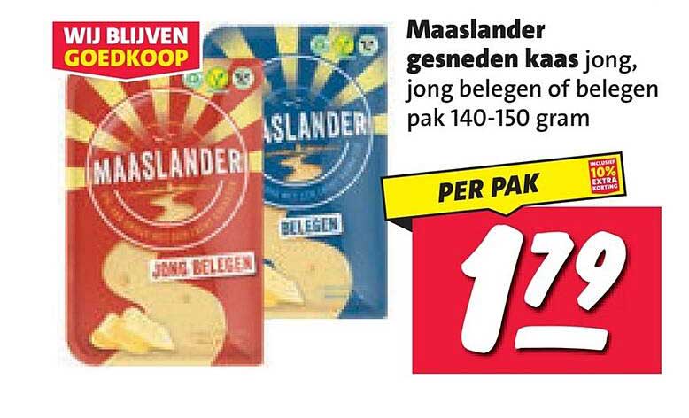 Maaslander gesneden kaas jong, jong belegen of belegen pak 140-150 gram