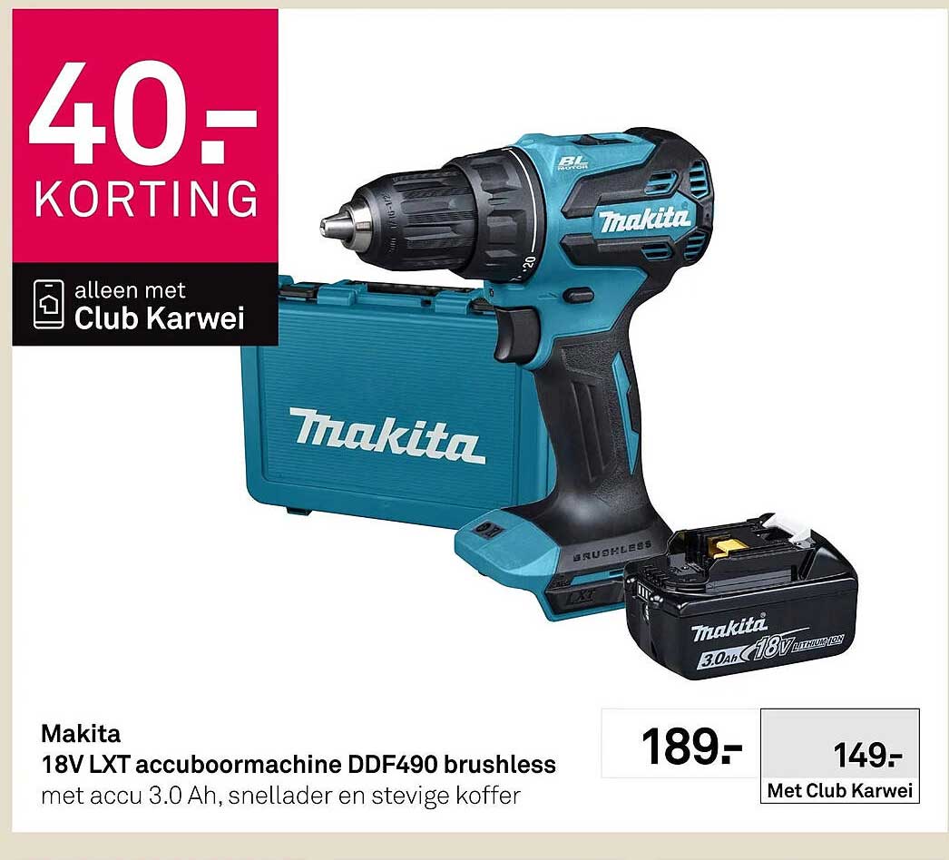 Makita 18V LXT accuboormachine DDF490 brushless met accu 3.0 Ah, snellader en stevige koffer