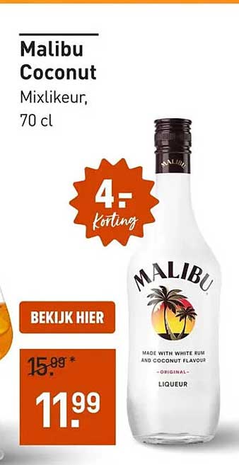 Malibu Coconut Mixlikeur, 70 cl 4,- korting