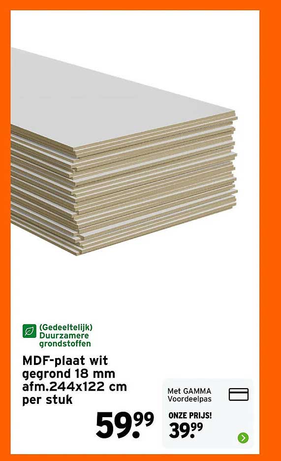 MDF-plaat wit gegrond 18 mm afm.244x122 cm per stuk