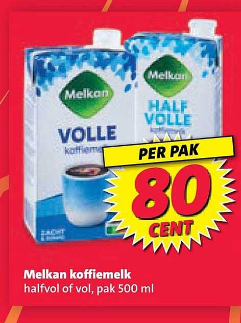 Melkan koffiemelk halfvol of vol, pak 500 ml PER PAK