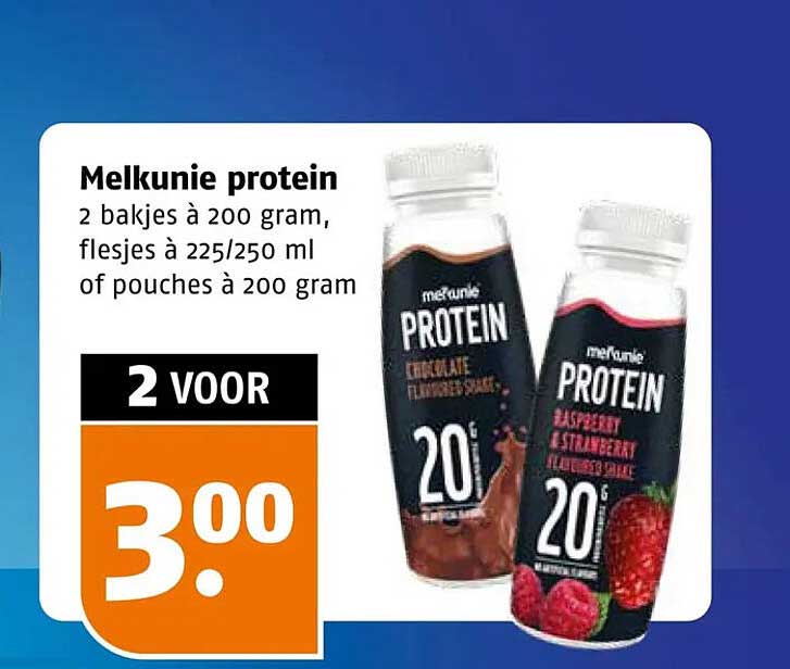 Melkunie protein 2 bakjes à 200 gram, flesjes à 225/250 ml of pouches à 200 gram 2 voor 3.00