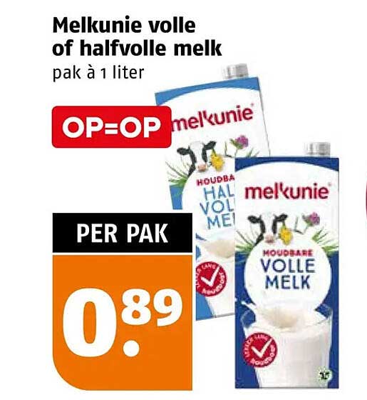 Melkunie volle of halfvolle melk pak à 1 liter OP=OP