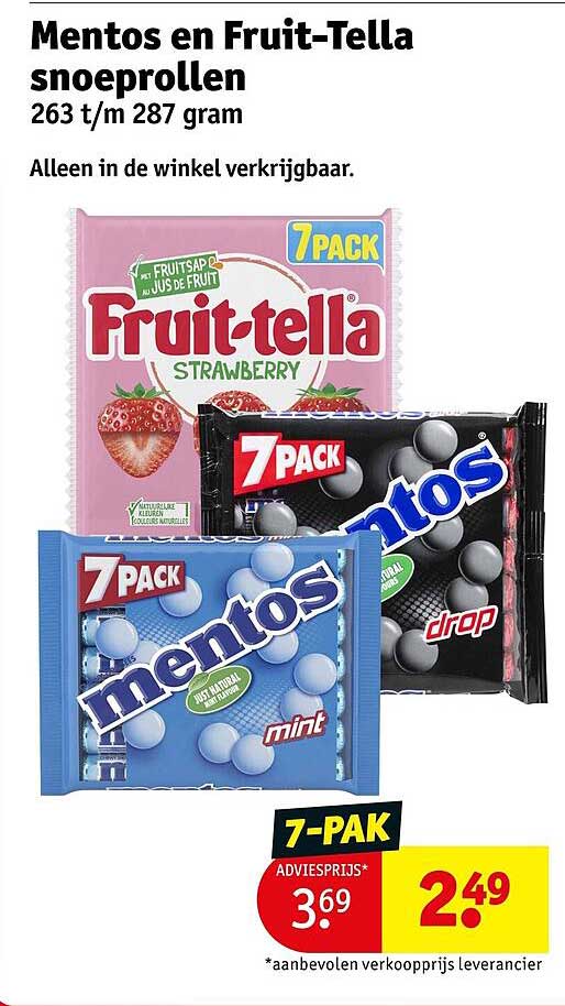 Mentos en Fruit-Tella snoeprollen 263 t/m 287 gram 7-PAK