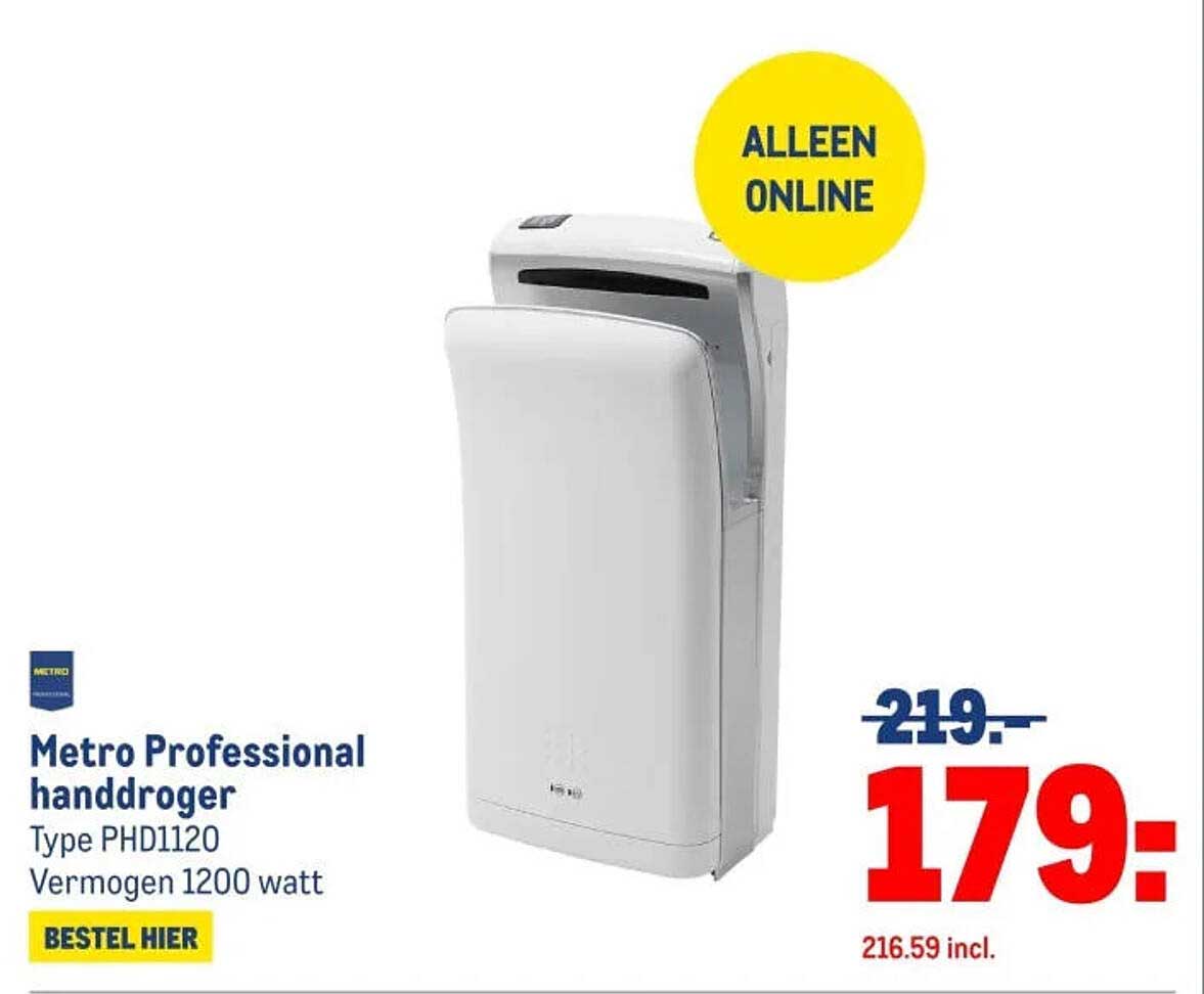 Metro Professional handdroger Type PHD1120 Vermogen 1200 watt