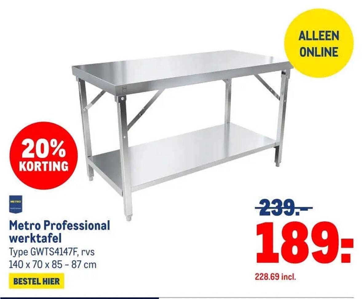 Metro Professional werktafel Type GWTS4147F, rvs 140 x 70 x 85 - 87 cm 20% korting