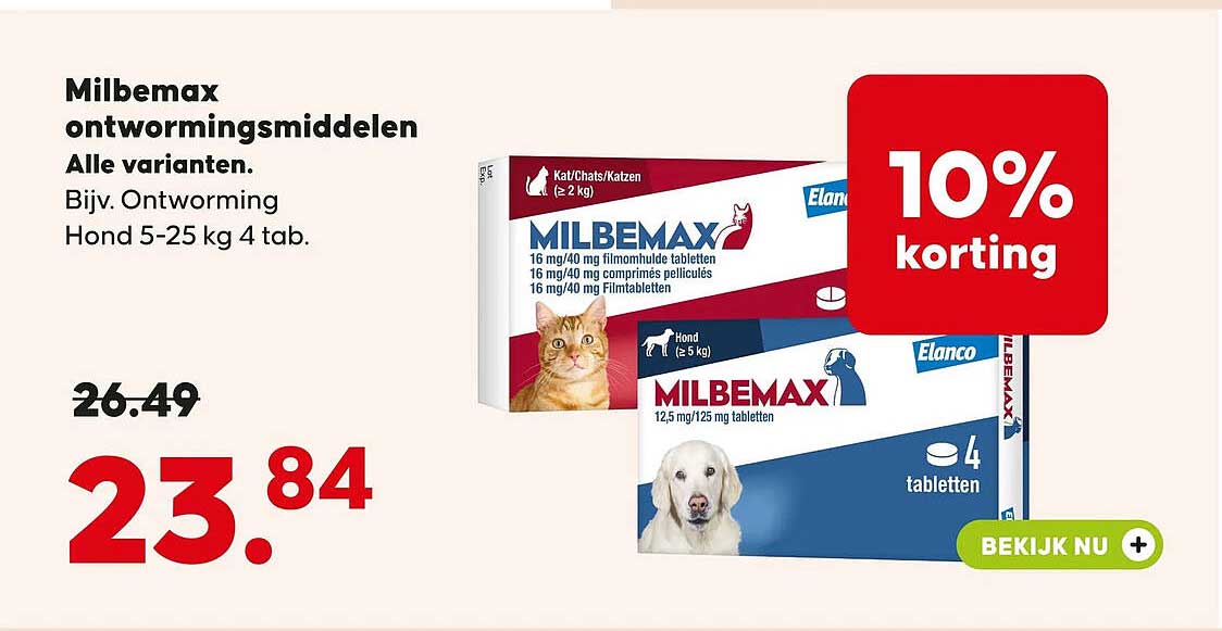 Milbemax ontwormingsmiddelen Alle varianten. Bijv. Ontworming Hond 5-25 kg 4 tab. 10% korting