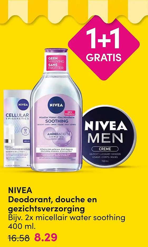 NIVEA Deodorant, douche en gezichtsverzorging Bijv. 2x micellair water soothing 400 ml. 1+1 GRATIS