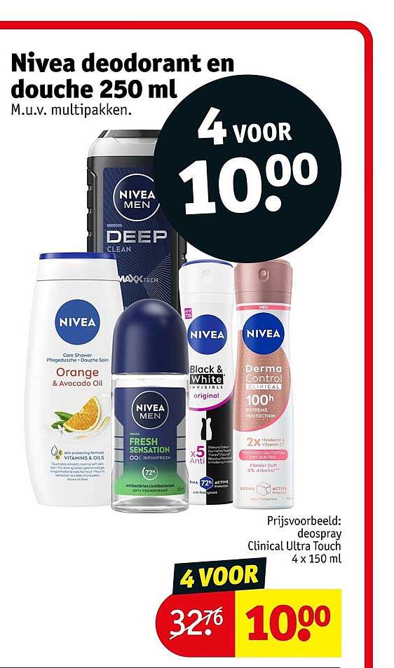 Nivea deodorant en douche 250 ml 4 VOOR 10.00
