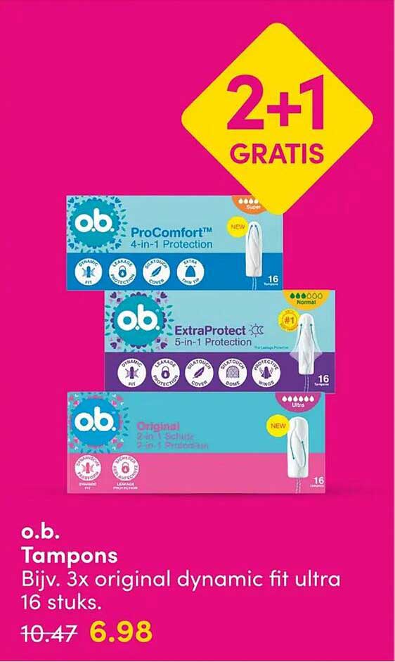 o.b. Tampons Bijv. 3x original dynamic fit ultra 16 stuks. 2+1 GRATIS
