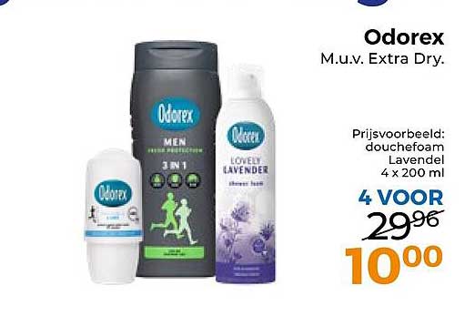 Odorex M.u.v. Extra Dry. Prijsvoorbeeld: douchefoam Lavendel 4 x 200 ml 4 VOOR