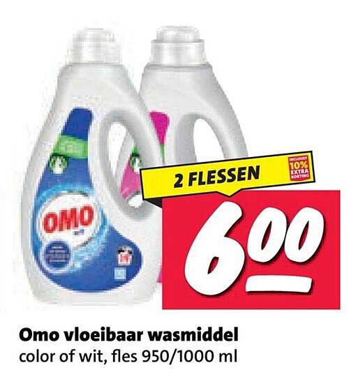 Omo vloeibaar wasmiddel color of wit, fles 950/1000 ml 2 flessen