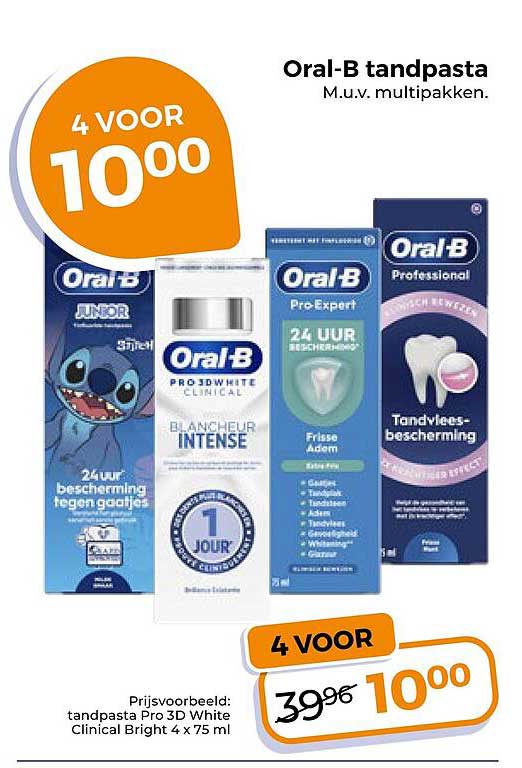 Oral-B tandpasta M.u.v. multipakken. 4 VOOR 10.00