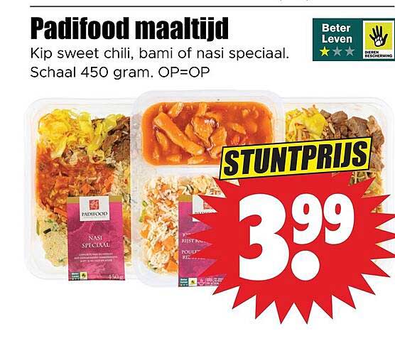 Padifood maaltijd Kip sweet chili, bami of nasi speciaal. Schaalt 450 gram. OP=OP STUNTPRIJS