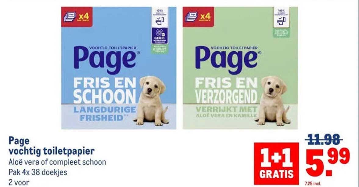 Page vochtig toiletpapier Aloë vera of compleet schoon Pak 4x 38 doekjes 1+1 gratis
