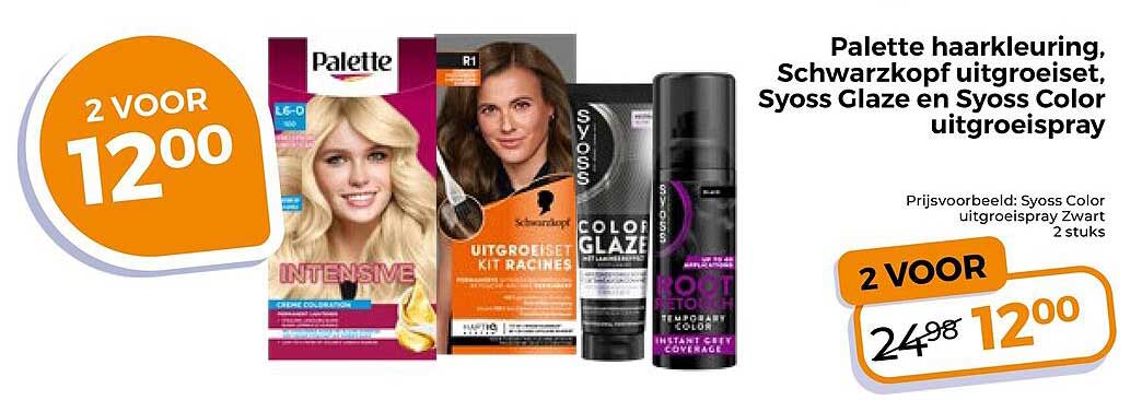 Palette haarkleuring, Schwarzkopf uitgroeiset, Syoss Glaze en Syoss Color uitgroeispray 2 VOOR