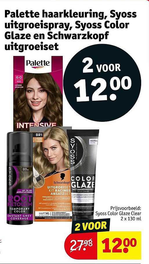 Palette haarkleuring, Syoss uitgroeispray, Syoss Color Glaze en Schwarzkopf uitgroeiset