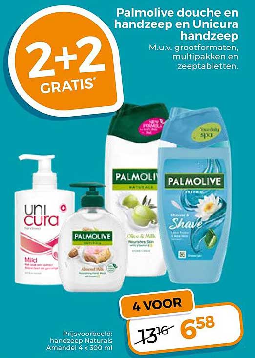 Palmolive douche en handzeep en Unicura handzeep 2+2 GRATIS